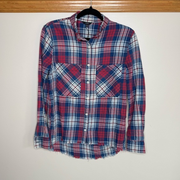 Joe's Jeans Red and Blue Button Down fringe bottom Shirt NWT xs - Picture 1 of 11
